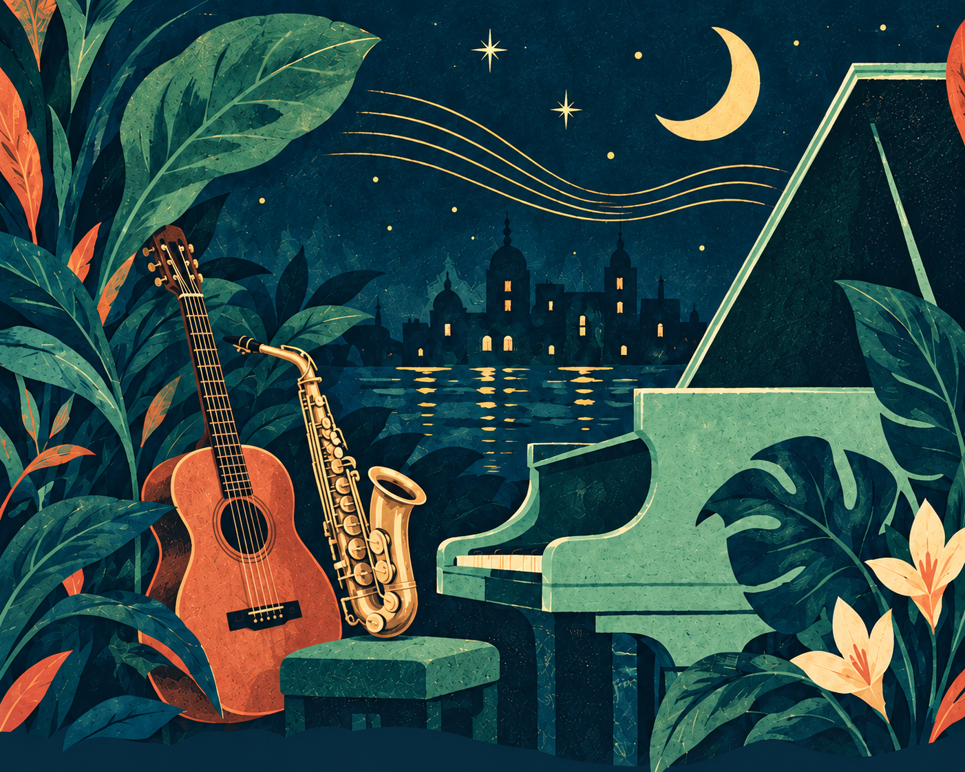 Piano keys, a brass instrument and plants in a night garden